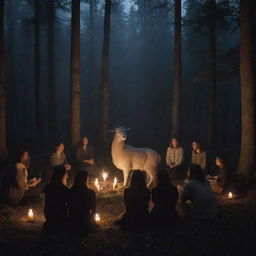 A mystic cult meeting in a secluded forest, with a lamb sitting in the center, surrounded by atmospheric lighting from flickering candles and the starlit night