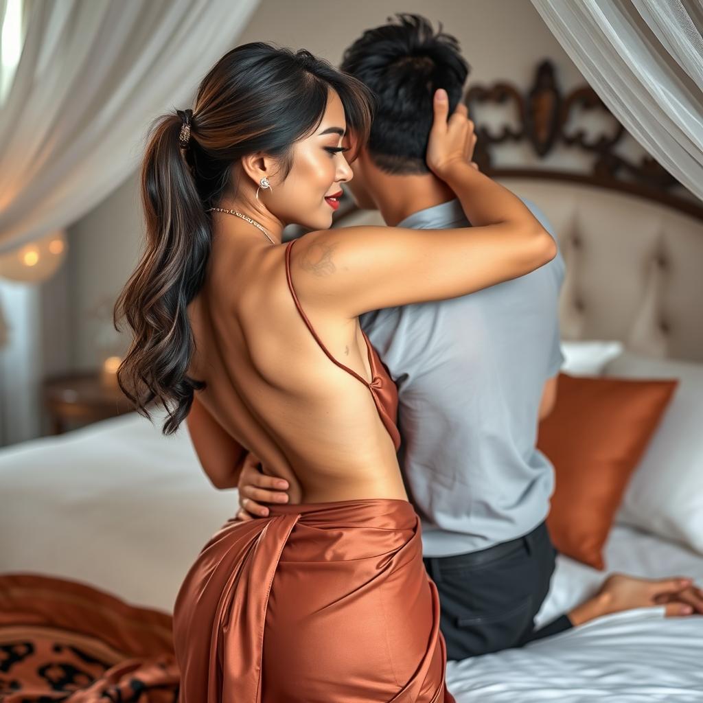 A stunning Thai woman with an alluring figure, characterized by voluptuous curves and dressed in a sensual, backless blouse accompanied by a sexy saree that beautifully drapes around her body