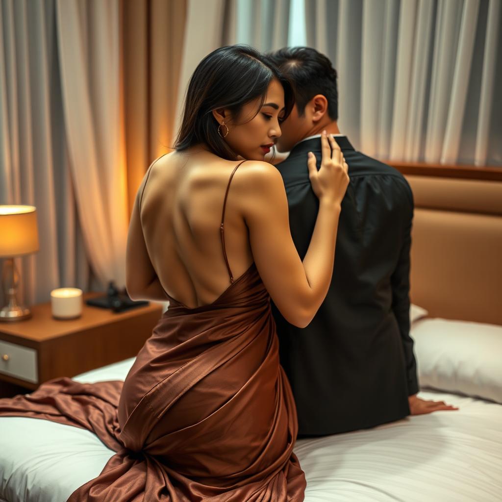 A stunning Thai woman with an alluring figure, characterized by voluptuous curves and dressed in a sensual, backless blouse accompanied by a sexy saree that beautifully drapes around her body