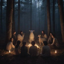 A mystic cult meeting in a secluded forest, with a lamb sitting in the center, surrounded by atmospheric lighting from flickering candles and the starlit night