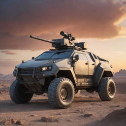 A futuristic armored military vehicle fully equipped with latest weaponry, including cannons, missile launchers, and defensive shields. It rests on a rugged terrain under a dramatic sunset sky.