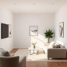 a minimalist little living room with a clean and functional design, featuring sleek and simple furniture, neutral color palette with shades of white, gray, and beige, emphasizing open space and natural light, with a focus on essential items only, such as a small sofa, a coffee table, a single plant, and a couple of elegant art pieces on the walls, creating a calm and peaceful atmosphere