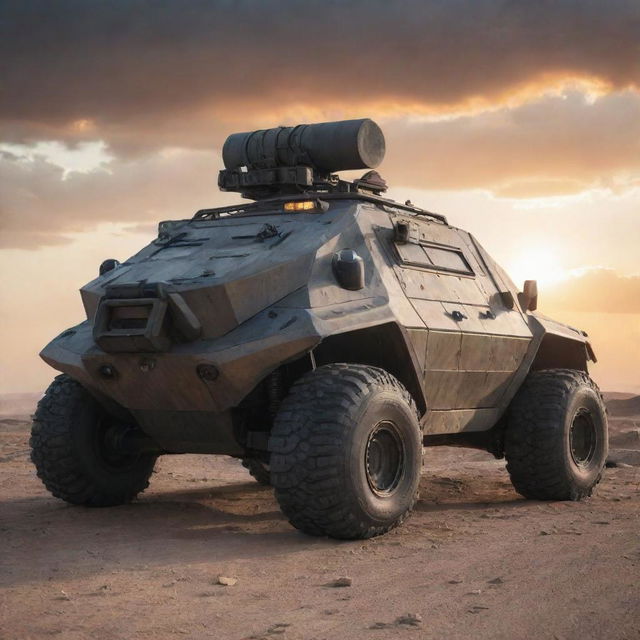 A futuristic armored military vehicle fully equipped with latest weaponry, including cannons, missile launchers, and defensive shields. It rests on a rugged terrain under a dramatic sunset sky.