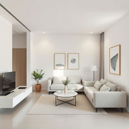 a minimalist little living room with a clean and functional design, featuring sleek and simple furniture, neutral color palette with shades of white, gray, and beige, emphasizing open space and natural light, with a focus on essential items only, such as a small sofa, a coffee table, a single plant, and a couple of elegant art pieces on the walls, creating a calm and peaceful atmosphere