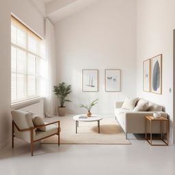 a minimalist little living room with a clean and functional design, featuring sleek and simple furniture, neutral color palette with shades of white, gray, and beige, emphasizing open space and natural light, with a focus on essential items only, such as a small sofa, a coffee table, a single plant, and a couple of elegant art pieces on the walls, creating a calm and peaceful atmosphere