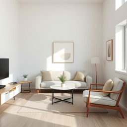 a minimalist little living room with a clean and functional design, featuring sleek and simple furniture, neutral color palette with shades of white, gray, and beige, emphasizing open space and natural light, with a focus on essential items only, such as a small sofa, a coffee table, a single plant, and a couple of elegant art pieces on the walls, creating a calm and peaceful atmosphere