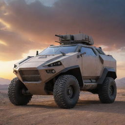 A futuristic armored military vehicle fully equipped with latest weaponry, including cannons, missile launchers, and defensive shields. It rests on a rugged terrain under a dramatic sunset sky.