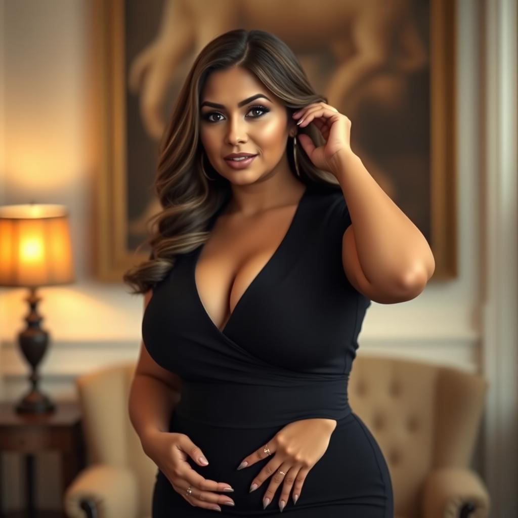 A voluptuous woman with an hourglass figure, emphasizing her curvaceous form