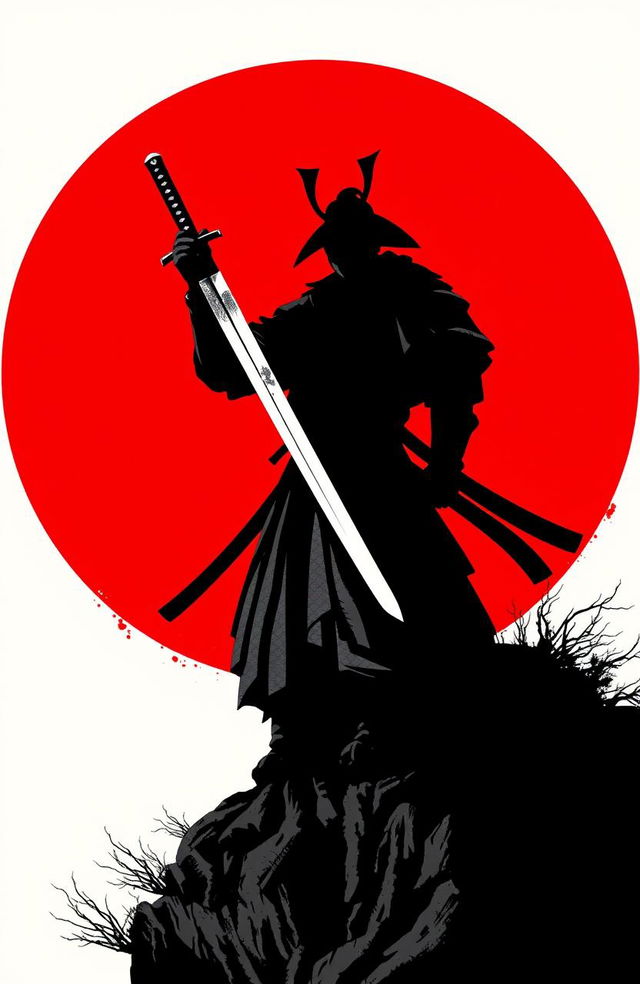 A dramatic and striking composition with the shadow of a samurai warrior standing commandingly on a cliff