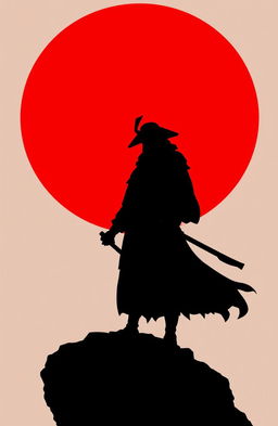 A dramatic and striking composition with the shadow of a samurai warrior standing commandingly on a cliff