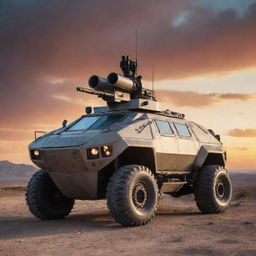 A futuristic armored military vehicle fully equipped with latest weaponry, including cannons, missile launchers, and defensive shields. It rests on a rugged terrain under a dramatic sunset sky.