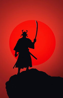 A dramatic and striking composition with the shadow of a samurai warrior standing commandingly on a cliff