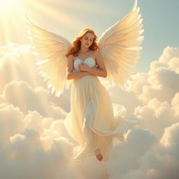 A serene and ethereal depiction of an angel with large, elegant wings, gracefully floating amidst fluffy white clouds