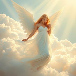 A serene and ethereal depiction of an angel with large, elegant wings, gracefully floating amidst fluffy white clouds