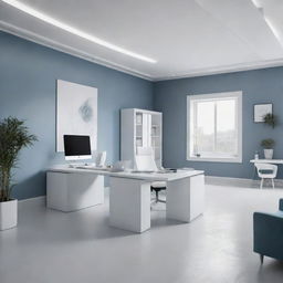 An old-fashioned office smoothly transitioning into a sleek and modern workspace, with areas morphing from outdated to futuristic designs. The color palette consists of white, gray, and blue tones. The image should be ultra-realistic