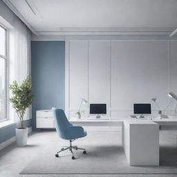 An old-fashioned office smoothly transitioning into a sleek and modern workspace, with areas morphing from outdated to futuristic designs. The color palette consists of white, gray, and blue tones. The image should be ultra-realistic