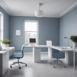 An old-fashioned office smoothly transitioning into a sleek and modern workspace, with areas morphing from outdated to futuristic designs. The color palette consists of white, gray, and blue tones. The image should be ultra-realistic