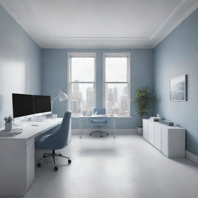 An old-fashioned office smoothly transitioning into a sleek and modern workspace, with areas morphing from outdated to futuristic designs. The color palette consists of white, gray, and blue tones. The image should be ultra-realistic