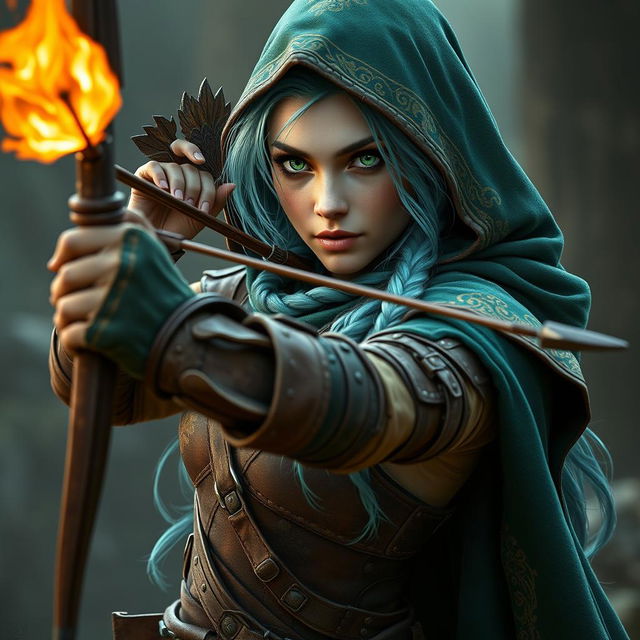 Lifelike depiction of a female elf ranger with an athletic build