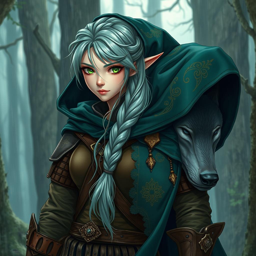 Anime style female elf druid with an athletic build, featuring long, stringy aqua hair styled in braids and glowing green eyes