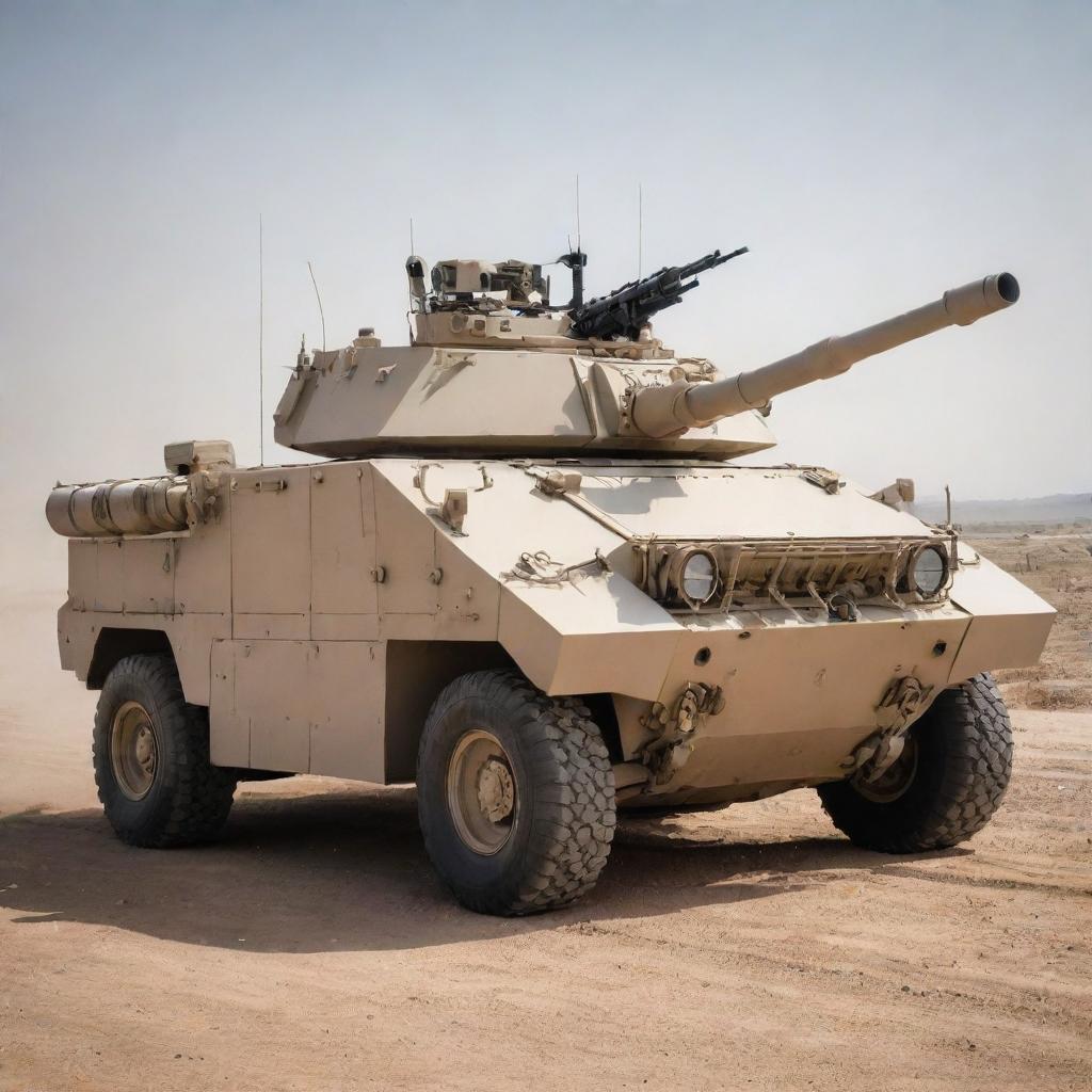 A formidable armored vehicle equipped with modern weaponry including anti-aircraft guns, missile launchers, and protective shields, standing ready for action on a challenging battlefield.
