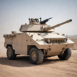 A formidable armored vehicle equipped with modern weaponry including anti-aircraft guns, missile launchers, and protective shields, standing ready for action on a challenging battlefield.
