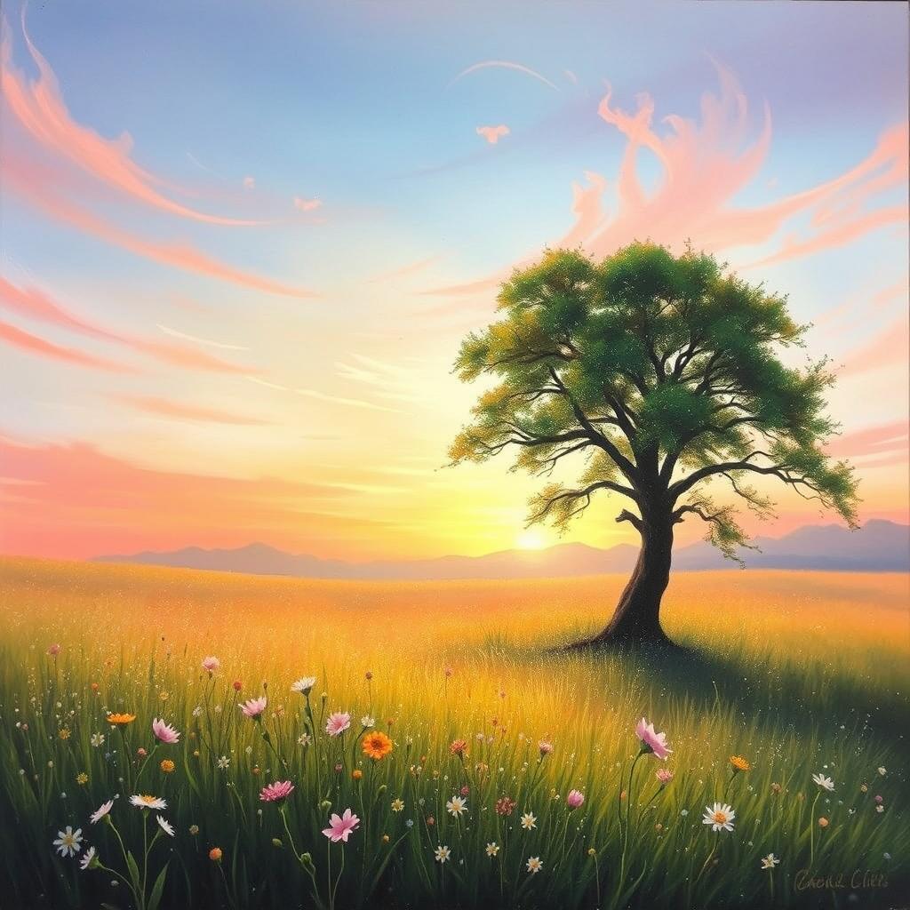 A serene and calming landscape painting portraying a tranquil field at sunrise, with gentle morning light casting a soft glow over dew-kissed wildflowers, symbolizing the release of resentment and embracing forgiveness