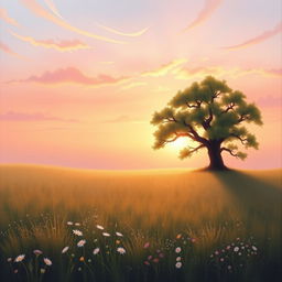 A serene and calming landscape painting portraying a tranquil field at sunrise, with gentle morning light casting a soft glow over dew-kissed wildflowers, symbolizing the release of resentment and embracing forgiveness