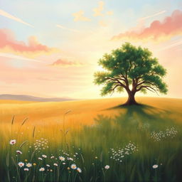 A serene and calming landscape painting portraying a tranquil field at sunrise, with gentle morning light casting a soft glow over dew-kissed wildflowers, symbolizing the release of resentment and embracing forgiveness