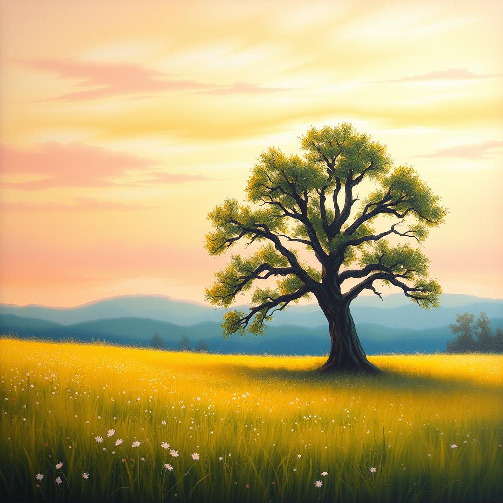 A serene and calming landscape painting portraying a tranquil field at sunrise, with gentle morning light casting a soft glow over dew-kissed wildflowers, symbolizing the release of resentment and embracing forgiveness