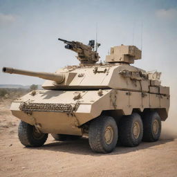 A formidable armored vehicle equipped with modern weaponry including anti-aircraft guns, missile launchers, and protective shields, standing ready for action on a challenging battlefield.