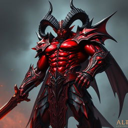 A towering male demon lord with a muscular build and dark red skin