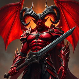 A towering male demon lord with a muscular build and dark red skin