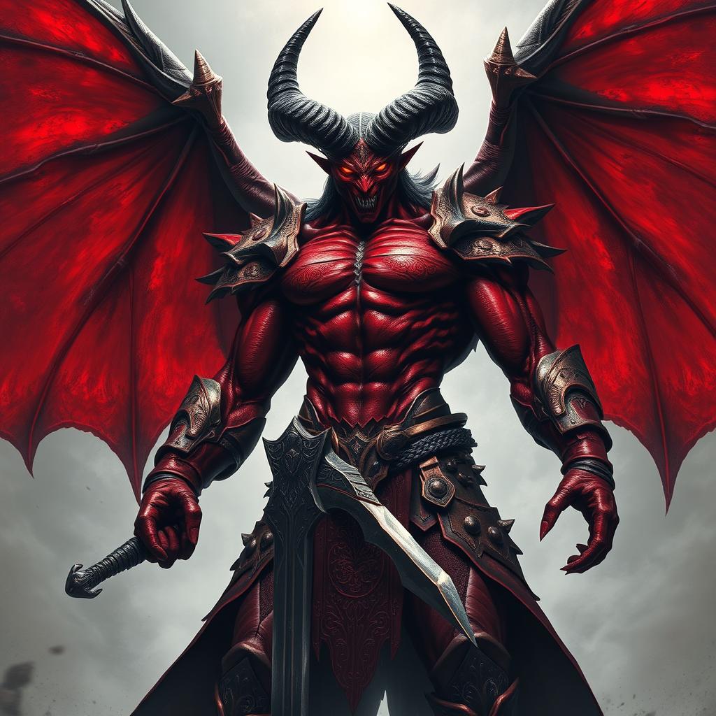 A towering male demon lord with a muscular build and dark red skin