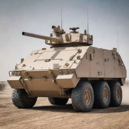 A formidable armored vehicle equipped with modern weaponry including anti-aircraft guns, missile launchers, and protective shields, standing ready for action on a challenging battlefield.