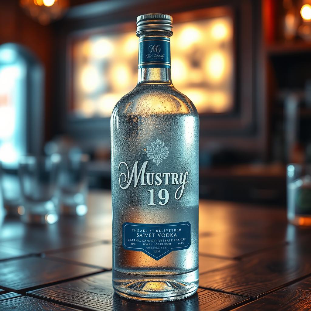 A detailed and realistic image of a bottle of vodka on a wooden table, with frosty condensation on the bottle, and light reflecting off the clear glass