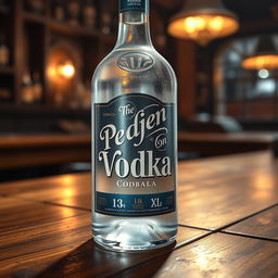 A detailed and realistic image of a bottle of vodka on a wooden table, with frosty condensation on the bottle, and light reflecting off the clear glass