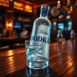 A detailed and realistic image of a bottle of vodka on a wooden table, with frosty condensation on the bottle, and light reflecting off the clear glass