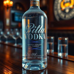 A detailed and realistic image of a bottle of vodka on a wooden table, with frosty condensation on the bottle, and light reflecting off the clear glass