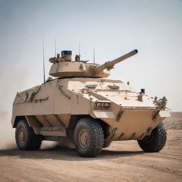 A formidable armored vehicle equipped with modern weaponry including anti-aircraft guns, missile launchers, and protective shields, standing ready for action on a challenging battlefield.