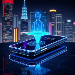 Design a sleek, futuristic smartphone with a transparent OLED display, glowing edges in neon blue, and an ultra-thin profile