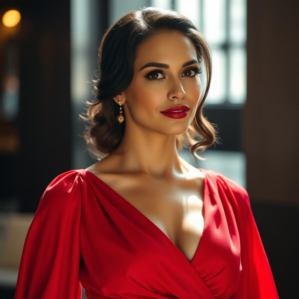 A striking woman in a bold red dress with a deep neckline