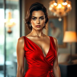 A striking woman in a bold red dress with a deep neckline