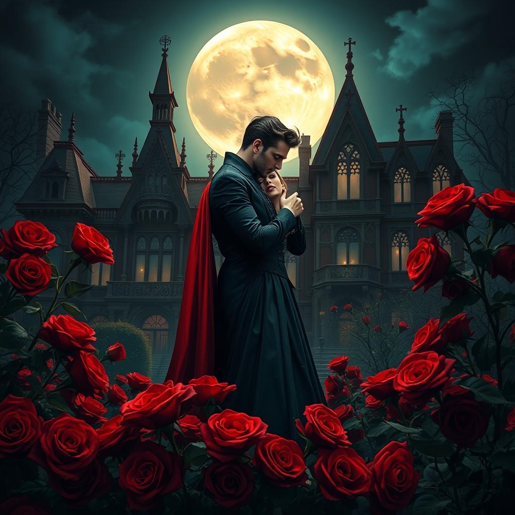 Under the enchanting glow of a full moon, a vampire couple lovingly embraces amidst a sea of deep red roses