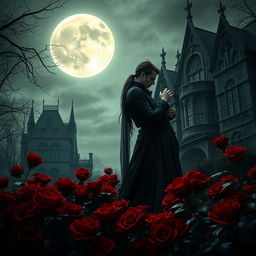 Under the enchanting glow of a full moon, a vampire couple lovingly embraces amidst a sea of deep red roses