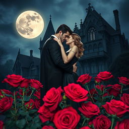 Under the enchanting glow of a full moon, a vampire couple lovingly embraces amidst a sea of deep red roses