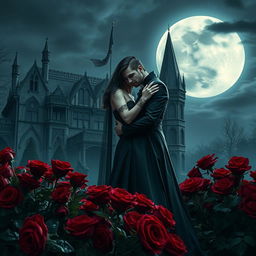 Under the enchanting glow of a full moon, a vampire couple lovingly embraces amidst a sea of deep red roses