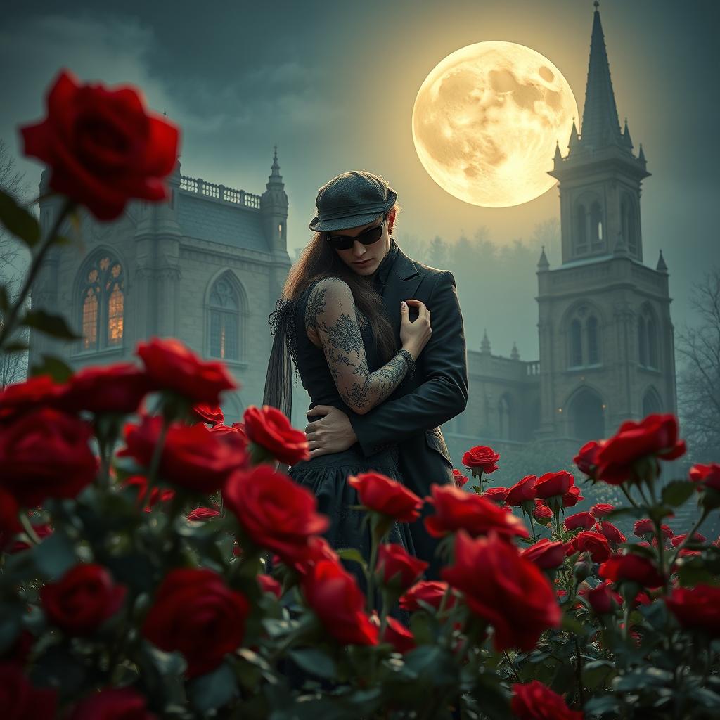 In the mesmerizing light of a full moon, an enchanting vampire couple holds each other close amidst a field of velvety red roses