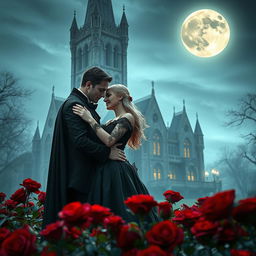 In the mesmerizing light of a full moon, an enchanting vampire couple holds each other close amidst a field of velvety red roses