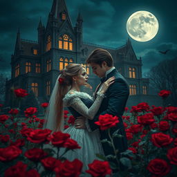 In the mesmerizing light of a full moon, an enchanting vampire couple holds each other close amidst a field of velvety red roses